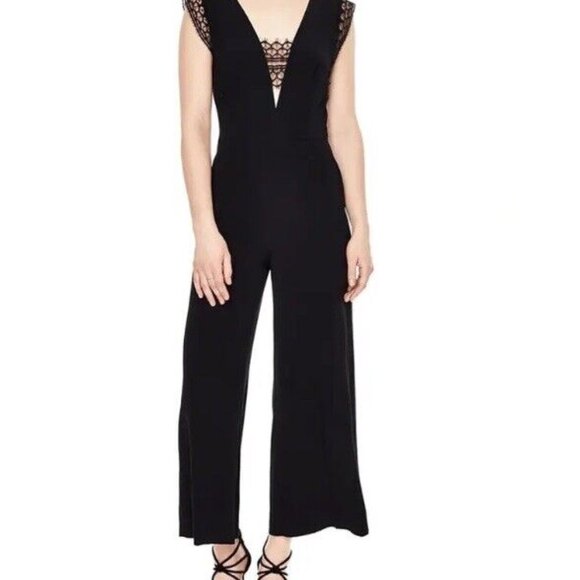 Sandro Palazzo Plunge V-Neck Lace Trim Wide Leg Jumpsuit in‎ Black Med $495 NWOT - Picture 1 of 16